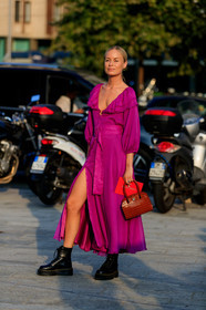 thora valdimars, pink dress, low necked dress, mid long sleeves dress, silk dress, ruffle dress, split dress, button dress, belted dress, doc marteens shoes, black leather boots, laced boots, red leather bag, animal skin bag, hand bag, fashion week, frenchystyle, FW, jonathan paciullo, street style, MFW, MILAN, SPRING SUMMER 2020, SS 20