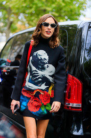 alexa chung, black dress, mini dress, long sleeves dress, floral embroidered dress, floral printed dress, red dress, grey dress, white sunglasses, valentino dress, valentino look, PARIS, PFW, SPRING SUMMER 2020, SS 20, fashion week, frenchystyle, FW, jonathan paciullo, street style, vertical, atmosphere details, detail