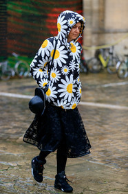 sarah lerfel, black coat, black leather bag, black skirt, black tights, black sneackers, white coat, yellow coat, floral printed coat, round shape bag, shoulder bag, j w anderson bag, rolex watch, black watch, lace skirt, nike shoes, fashion week, frenchystyle, FW, jonathan paciullo, street style, PFW, PARIS, vertical, full length