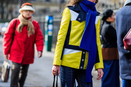 atmosphere details, AUTUMN WINTER 2016-2017, AW 16-17, blue denim, blue scarf, denim pants, detail, FALL WINTER 2016-2017, fashion week, frenchystyle, FW, FW 16-17, horizontal, jeans, jonathan paciullo, leather jacket, PARIS, patchwork, PFW, street style, trousers, yellow jacket