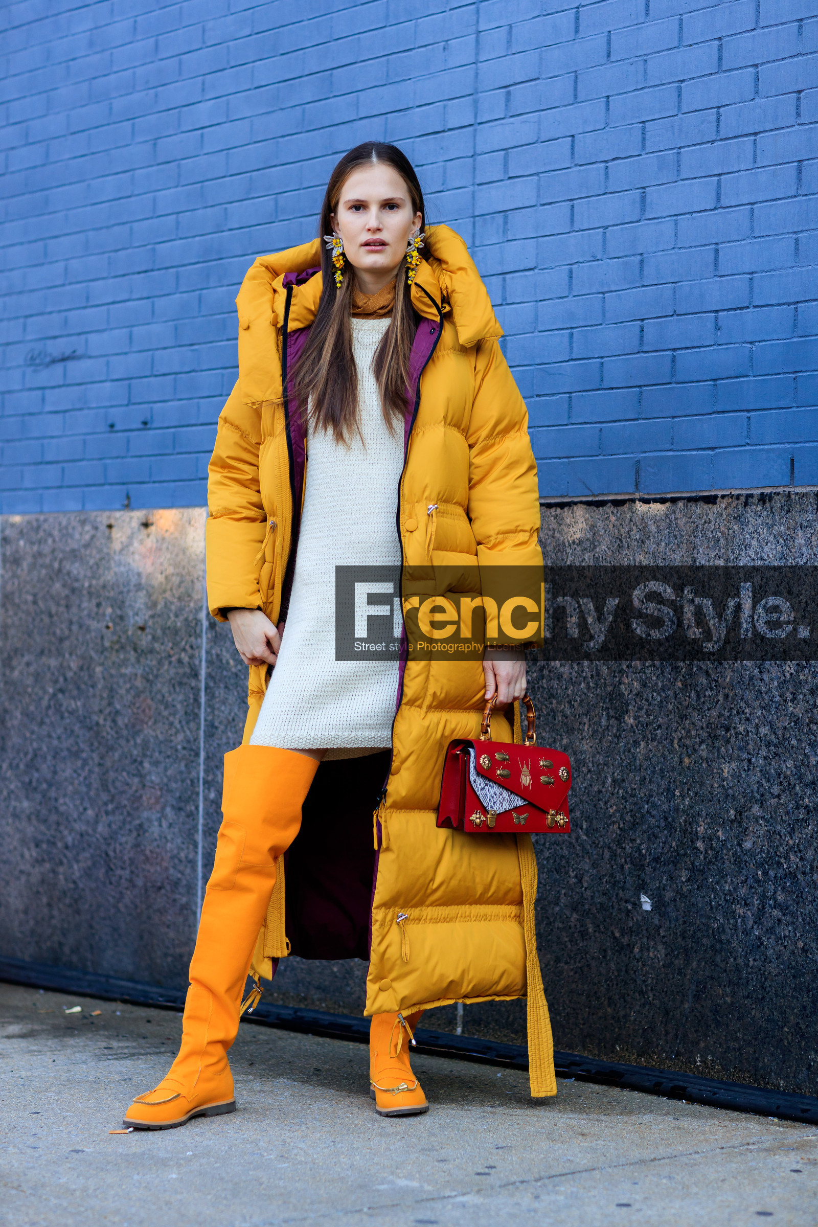 bordeaux, burgundy, earrings, embroidered bag, high boots, knit dress, leather bag, leather shoes, red bag, white dress, yellow boots, yellow coat, street style, jonathan paciullo, FW, frenchystyle, fashion week, NYFW, NEW YORK, AUTUMN WINTER 2018-2019, AW 18-19, FALL WINTER 2018-2019, FW 18-19, vertical, full length, model, alla kostromichova