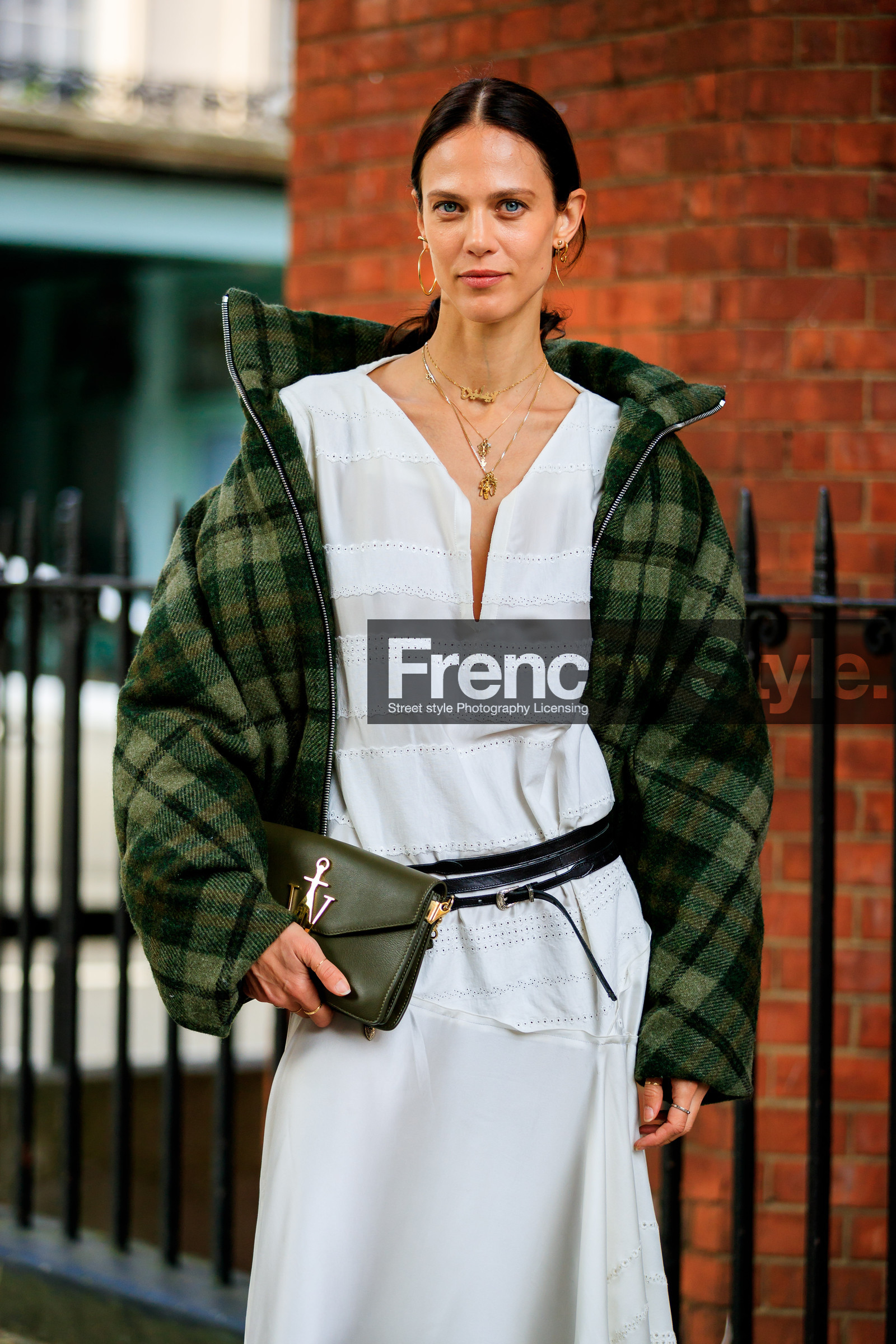 aymeline valade, black belt, checked, graphic jacket, green bag, green jacket, jw anderson, leather bag, leather belt, model, necklace, plaid, printed jacket, tartan, white dress, fashion week, frenchystyle, FW, jonathan paciullo, street style, LFW, LONDON, SPRING SUMMER 2019, SS 19, vertical, detail, atmosphere details