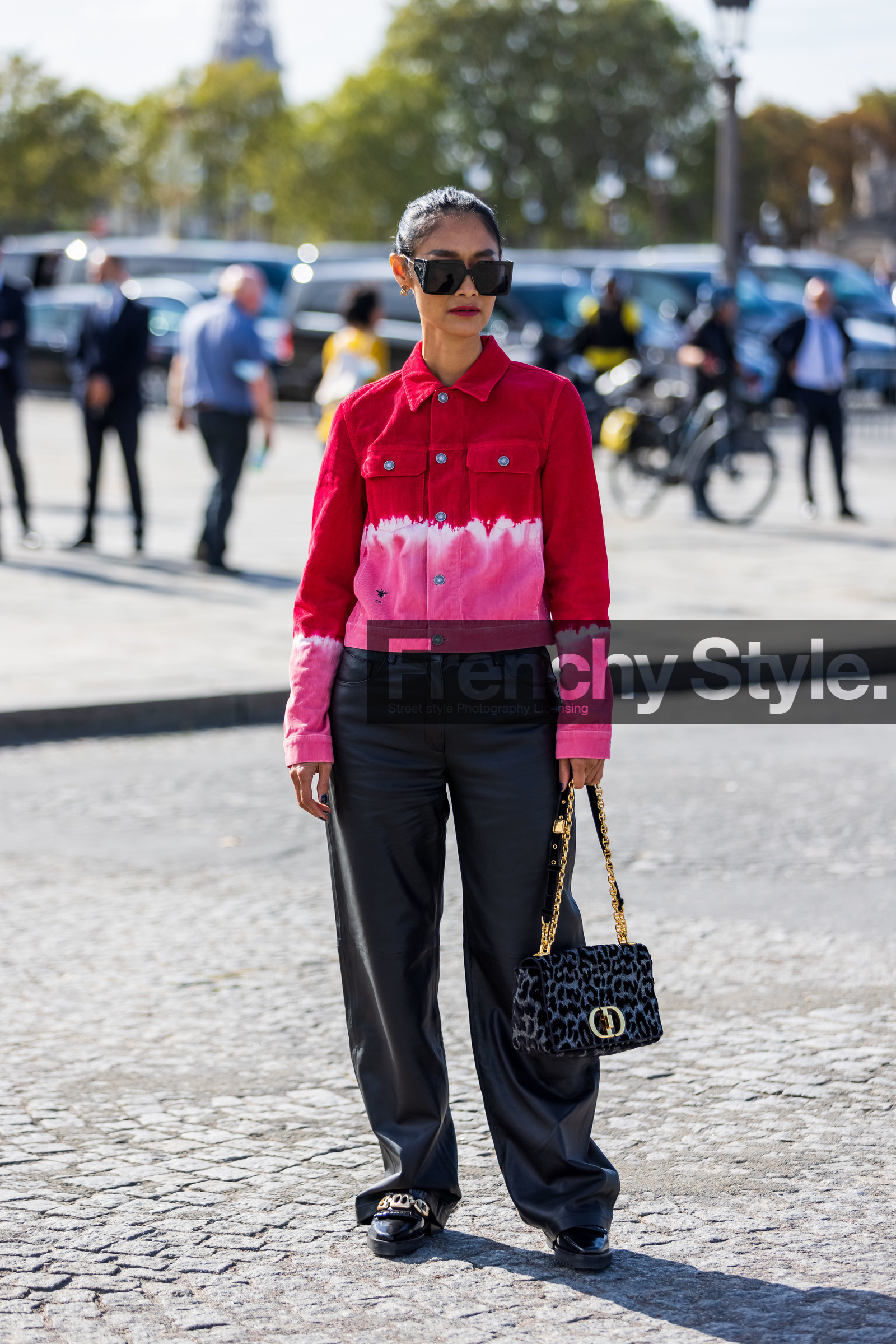 animal print, bag, black loafers, black pants, chain bag, denim jacket, dior bag, dior look, flare pants, greu bag, jacket, leather pants, leopard bag, loafers, oversize sunglasses, pants, pink jacket, Pornwika Spiecker, printed bag, red jacket, sunglasses, tie and dye, street style, jonathan paciullo, FW, frenchystyle, fashion week, PFW, PARIS, SPRING SUMMER 2022, SS 22, vertical, full length