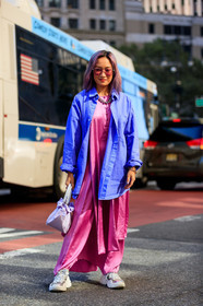 blue shirt, dyed hair, leather bag, leather shoes, necklace, pink bag, pink dress, purple hair, sunglasses, white shoes, white sneakers, fashion week, frenchystyle, FW, jonathan paciullo, street style, NEW YORK, NYFW, SPRING SUMMER 2020, SS 20, vertical, full length