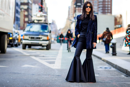 atmosphere details, AUTUMN WINTER 2016-2017, AW 16-17, black pants, blazer, blue jacket, FALL WINTER 2016-2017, fashion week, frenchystyle, full length, FW, FW 16-17, horizontal, jonathan paciullo, Lainy Hedaya, NEW YORK, NYFW, street style, sunglasses, trousers, wide pants, woman