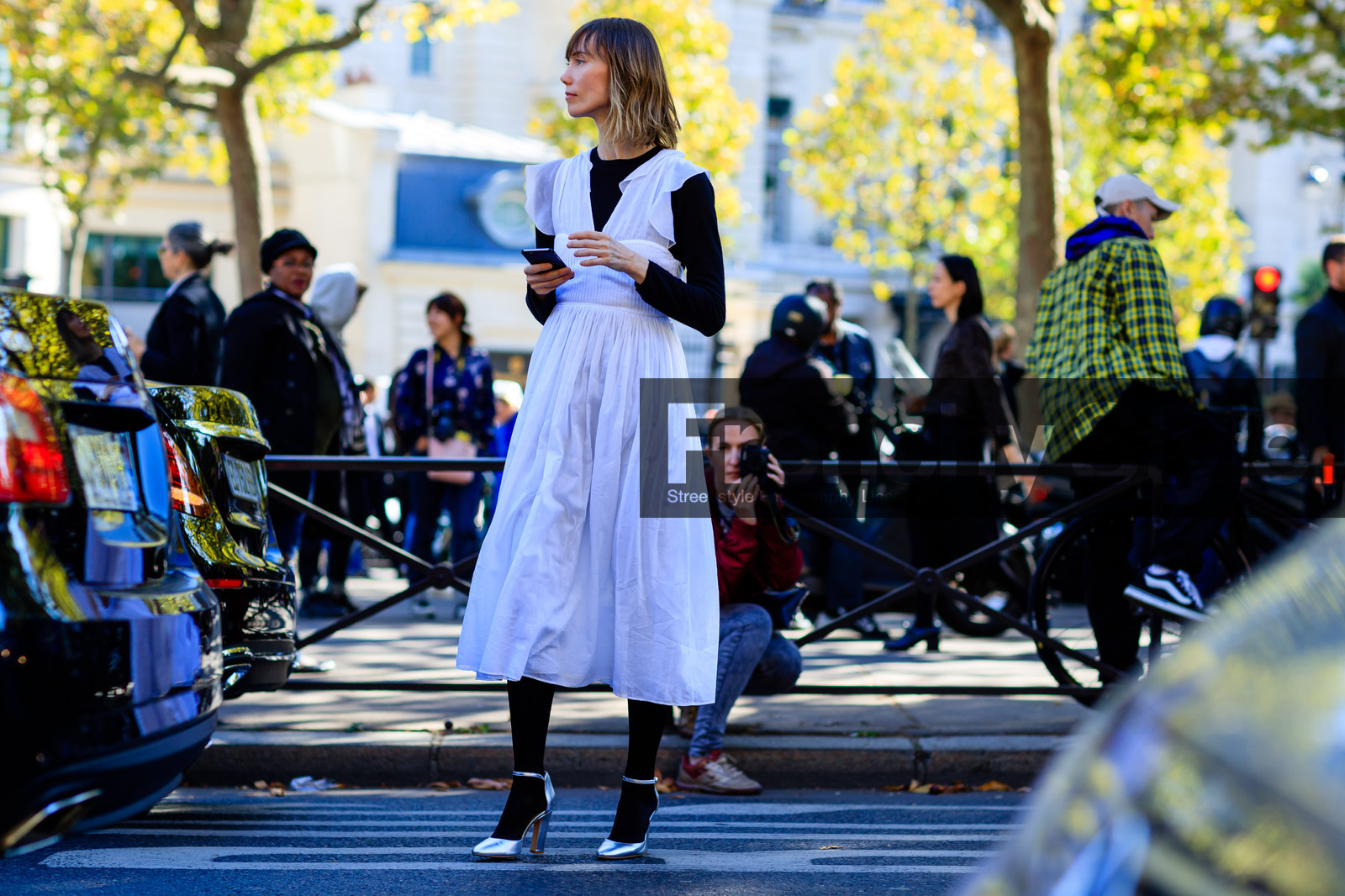 anya ziourova, atmosphere details, black and white, black sweater, fashion week, frenchystyle, full length, FW, high heels, horizontal, jonathan paciullo, leather shoes, PARIS, PFW, shiny shoes, silk dress, silver shoes, SPRING SUMMER 2017, SS 17, street style, tights, white dress