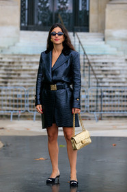 bettina looney, chanel total look, chanel shoes, black leather jacket, animal skin jacket, jacket dress, belted jacket, black leather belt, black suede slippers, kitten heels slippers, golden bag, quilted bag, chain strap bag, chanel bag, chanel belt, chanel jacket, mini dress, PARIS, PFW, SPRING SUMMER 2020, SS 20, fashion week, frenchystyle, FW, jonathan paciullo, street style, vertical, full length