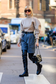 xenia adonts, black leather belt, black leather boots, black leather bag, black sunglasses, big sunglasses, beige pullover, balloon sleeves, turtleneck pullover, grey bermuda shorts, high boots, flat boots, animal skin bag, silvered starp bag, saint laurent bag, fashion week, frenchystyle, FW, jonathan paciullo, street style, MFW, MILAN, AUTUMN WINTER 2020-2021, FALL WINTER 2020-2021, FW 20-21, vertical, full length