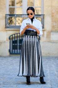 black and white, black bag, black belt, black shoes, black turtleneck, christian dior, graphic skirt, iphone, leather bag, leather belt, leather shoes, printed skirt, striped skirt, sunglasses, white shirt, white skirt, yoyo cao, fashion week, frenchystyle, FW, jonathan paciullo, street style, PFW, PARIS, AUTUMN WINTER 2019-2020, AW 19-20, FALL WINTER 2019-2020, FW 19-20, vertical, full length