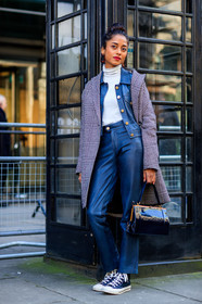 blue bag, blue jacket, blue pants, blue sneakers, checked, converse, earrings, graphic jacket, grey coat, houndstooth pattern, leather bag, leather jacket, leather pants, leather shoes, plaid, printed jacket, red lips, trousers, white turtleneck, fashion week, frenchystyle, FW, jonathan paciullo, street style, LFW, LONDON, AUTUMN WINTER 2018-2019, AW 18-19, FALL WINTER 2018-2019, FW 18-19, vertical, full length