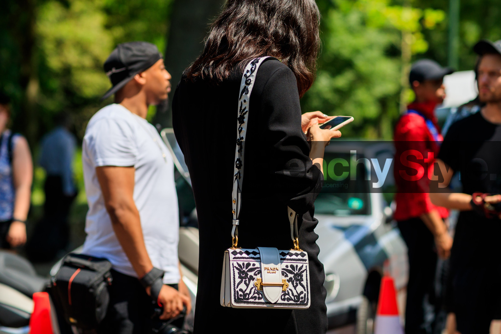 atmosphere details, back detail, black and white bag, black dress, detail, embroidered bag, fashion week, frenchystyle, FW, horizontal, jonathan paciullo, leather bag, MENSWEAR, PARIS, PFW, prada, printed bag, SPRING SUMMER 2018, SS 18, street style