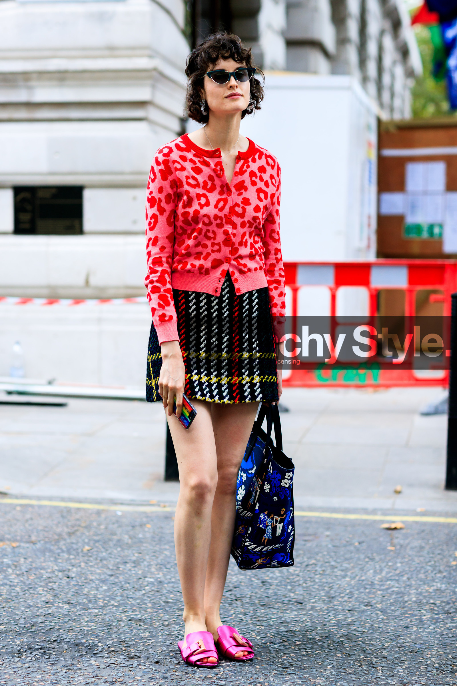 black skirt, blue bag, checked, chloe hill, fuschia, graphic bag, graphic skirt, leather bag, leather shoes, pink shoes, plaid, printed bag, printed skirt, printed sweater, red sweater, sunglasses, tartan, fashion week, frenchystyle, FW, jonathan paciullo, street style, LFW, LONDON, SPRING SUMMER 2019, SS 19, vertical, full length