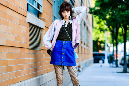 atmosphere details, black top, blue bag, blue denim, blue skirt, bomber jacket, denim skirt, detail, embroidered bag, fashion week, fishnet, frenchystyle, FW, headphones, horizontal, jonathan paciullo, model, NEW YORK, NYFW, pink jacket, SPRING SUMMER 2017, SS 17, street style, turquoise, woman