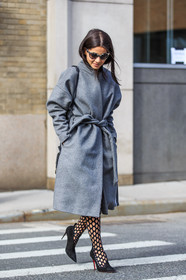 AUTUMN WINTER 2016-2017, AW 16-17, belted coat, black heels, christian louboutin, FALL WINTER 2016-2017, fashion week, fishnet, frenchystyle, full length, FW, FW 16-17, grey coat, high heels, jonathan paciullo, Lainy Hedaya, NEW YORK, NYFW, street style, suede shoes, sunglasses, tights, vertical, woman