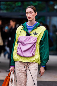 beige pants, blue knitwear, color, green jacket, jacket, knitwear, multicolor, nylon jacket, pants, prada jacket, yellow jacket, fashion week, frenchystyle, FW, jonathan paciullo, street style, PFW, PARIS, SPRING SUMMER 2022, SS 22, vertical, atmosphere details