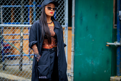 black bag, black belt, black coat, black hat, black pants, brown top, christina paik, leather bag, sunglasses, tie & die, trousers, fashion week, frenchystyle, FW, jonathan paciullo, street style, NEW YORK, NYFW, SPRING SUMMER 2020, SS 20, horizontal, atmosphere details, detail