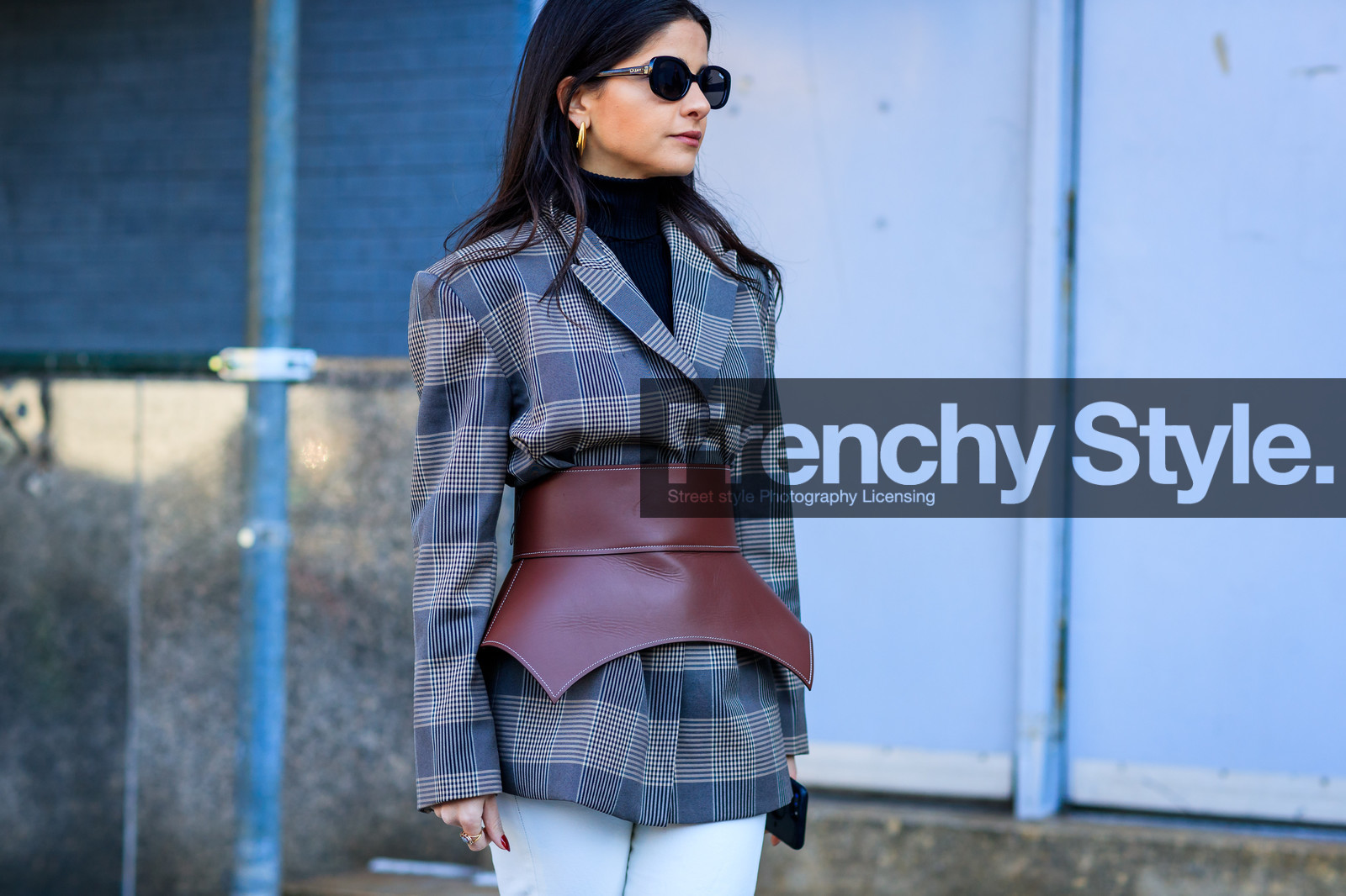 black turtleneck, brown belt, checked, checked jacket, graphic jacket, grey jacket, leather belt, loewe, plaid, printed jacket, sunglasses, tartan, trousers, white pant, street style, jonathan paciullo, FW, frenchystyle, fashion week, NYFW, NEW YORK, AUTUMN WINTER 2018-2019, AW 18-19, FALL WINTER 2018-2019, FW 18-19, atmosphere details, horizontal, detail, Lainy Hedaya