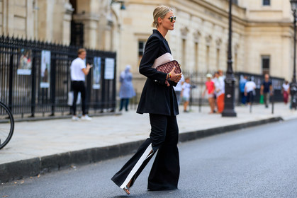 black jacket, black pants, black suit, blazer, bordeaux, burgundy, bustier top, christian dior, graphic bag, leather bag, leather shoes, monogram, necklace, pink top, printed bag, red bag, silver shoes, trousers, PFW, fashion week, frenchystyle, FW, jonathan paciullo, street style, PARIS, horizontal, atmosphere details, full length, AUTUMN WINTER 2018-2019, FALL WINTER 2018-2019, FW 18-19, sofie valkiers