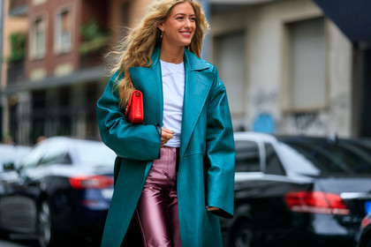 emili sindlev, green coat, leather coat, long coat, long jacket, leather jacket, leather trench coat, red leather bag, quilted bag, balenciaga bag, white t-shirt, purple pants, lurex pants, flare pants, fashion week, frenchystyle, FW, jonathan paciullo, street style, MFW, MILAN, SPRING SUMMER 2020, SS 20