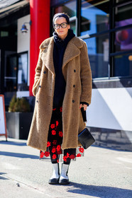beige jacket, black bag, black skirt, black sweater, camel coat, céline, embroidered skirt, floral, flowers, Fur coat, graphic skirt, headband, hoodie, leather bag, leather shoes, printed skirt, shearling, sunglasses, white boots, street style, jonathan paciullo, FW, frenchystyle, fashion week, NYFW, NEW YORK, AUTUMN WINTER 2018-2019, AW 18-19, FALL WINTER 2018-2019, FW 18-19, vertical, full length, Lucy Chadwick