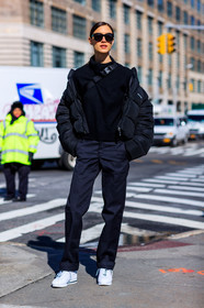 black jacket, black pants, black sweater, down jacket, leather shoes, nike, sunglasses, tone on tone, total look black, trousers, white sneakers, fashion week, frenchystyle, FW, jonathan paciullo, street style, NYFW, NEW YORK, AUTUMN WINTER 2018-2019, AW 18-19, FALL WINTER 2018-2019, FW 18-19, vertical, full length, model