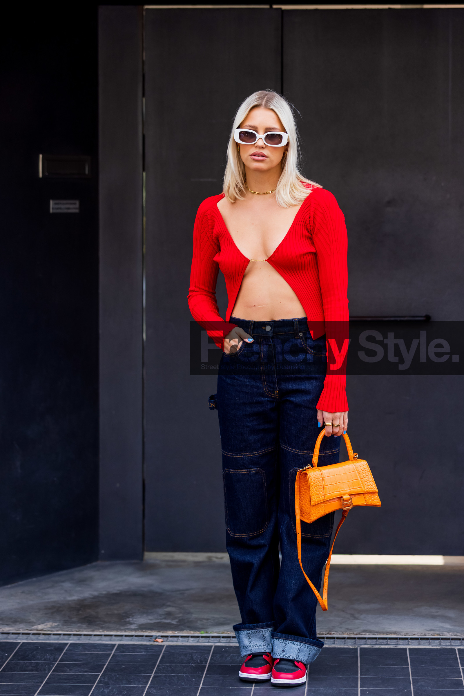 bag, balenciaga, Caroline Ebo, croc bag, dark blue jean, denim, hourglass bag, jacquemus top, jean, jw anderson jeans, leather bag, orange bag, red knit, red sneakers, red top, ribbed knit, sneakers, sunglasses, white sunglasses, fashion week, frenchystyle, FW, jonathan paciullo, street style, MFW, MILAN, SPRING SUMMER 2022, SS 22, vertical, full length