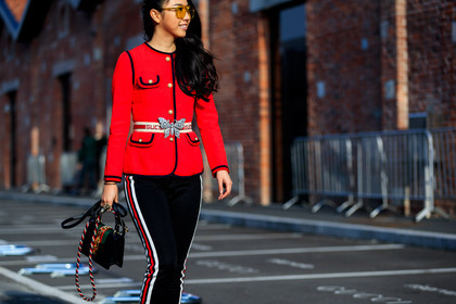 black bag, black pants, blazer, glitter, graphic bag, graphic pants, gucci, leather bag, printed bag, printed pants, red jacket, stripes, sunglasses, trousers, white belt, fashion week, frenchystyle, FW, jonathan paciullo, street style, MFW, MILAN, AUTUMN WINTER 2018-2019, FALL WINTER 2018-2019, FW 18-19, horizontal, atmosphere details, yuwei zhangzou