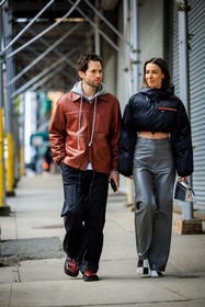 prada linea rosa black bomber jacket, grey leather wideleg pants, black and white boots, corail leather jacket, grey hoodie, flared black pants, red washed out derbies, transparent handbag, transparent acnestudios handbag, alice barbier, JS roques, fashion week, frenchystyle, FW, jonathan paciullo, street style, NYFW, NEW YORK, AUTUMN WINTER 2022-2023, FALL WINTER 2022_2023, FW 22-23, vertical, full length