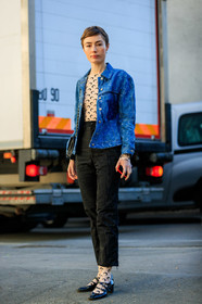 black pants, black shoes, blue denim, chanel handbag, denim jacket, graphic jacket, graphic top, leather shoes, marine serre, nude top, printed jacket, printed top, trousers, varnished leather shoes, fashion week, frenchystyle, FW, jonathan paciullo, street style, PFW, PARIS, AUTUMN WINTER 2019-2020, AW 19-20, FALL WINTER 2019-2020, FW 19-20, vertical, full length