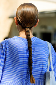 blue dress, blue shirt, braids, hairstyle, shirt dress, stripes, fashion week, frenchystyle, FW, jonathan paciullo, street style, PFW, PARIS, vertical, detail, atmosphere details, model, AUTUMN WINTER 2018-2019, FALL WINTER 2018-2019, FW 18-19