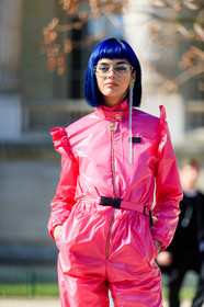 blue hair, dyed hair, earrings, pink jumpsuit, sita abellan, sunglasses, trousers, PARIS, PFW, street style, jonathan paciullo, FW, frenchystyle, fashion week, AUTUMN WINTER 2019-2020, AW 19-20, FALL WINTER 2019-2020, FW 19-20, vertical, atmosphere details, detail