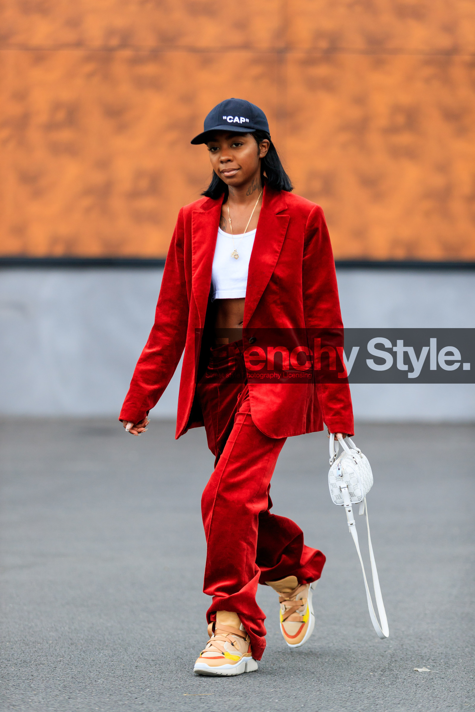 beige sneakers, black cap, blazer, chloé, crop top, graphic bag, leather bag, leather shoes, monogram, printed bag, red jacket, red pants, red suit, trousers, vêtements, white bag, white top, fashion week, frenchystyle, FW, jonathan paciullo, street style, PFW, PARIS, vertical, full length, AUTUMN WINTER 2018-2019, FALL WINTER 2018-2019, FW 18-19