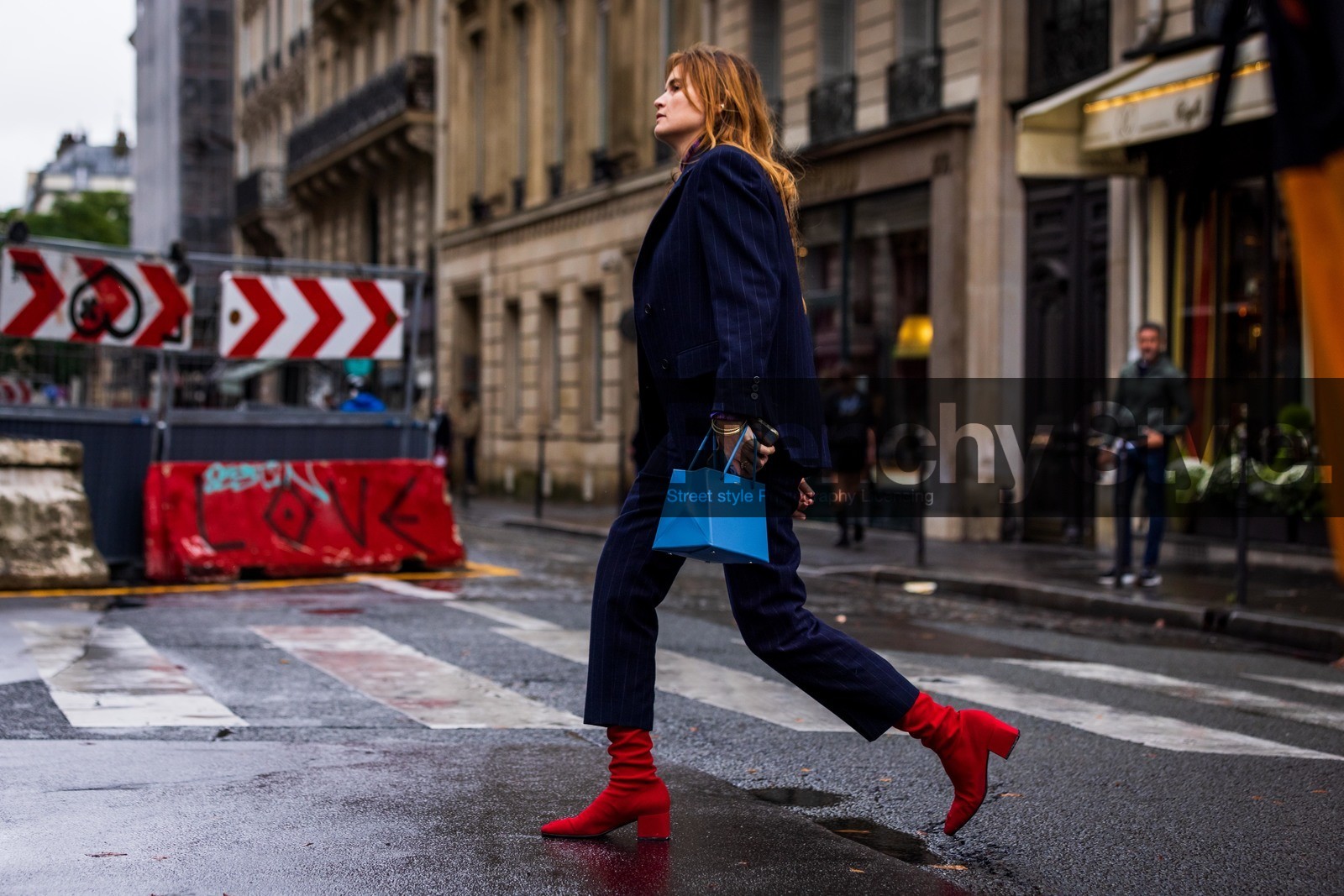 bag, blazer, blue bag, boots, Eugénie Trochu, navy blazer, navy pants, pants, printed turtleneck, purple turtleneck, red boots, striped blazer, striped pants, stripes, suits, turtleneck, fashion week, frenchystyle, FW, jonathan paciullo, street style, PFW, PARIS, SPRING SUMMER 2022, SS 22, atmosphere details, full length, horizontal