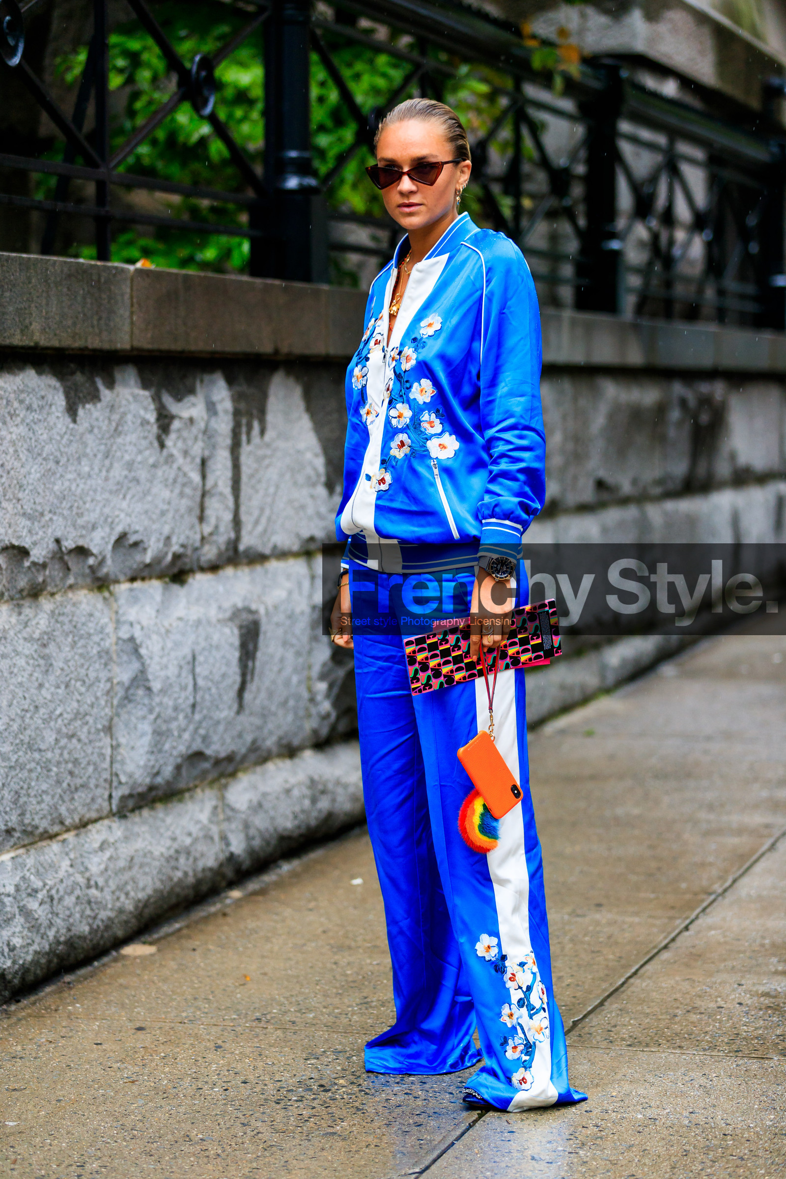 blue jacket, blue pants, embroideries, floral, flowers, graphic bag, graphic jacket, graphic pants, iphone, leather bag, nina suess, printed bag, printed jacket, printed pants, sunglasses, trousers, watch, street style, jonathan paciullo, FW, frenchystyle, fashion week, NYFW, NEW YORK, SPRING SUMMER 2019, SS 19, vertical, full length