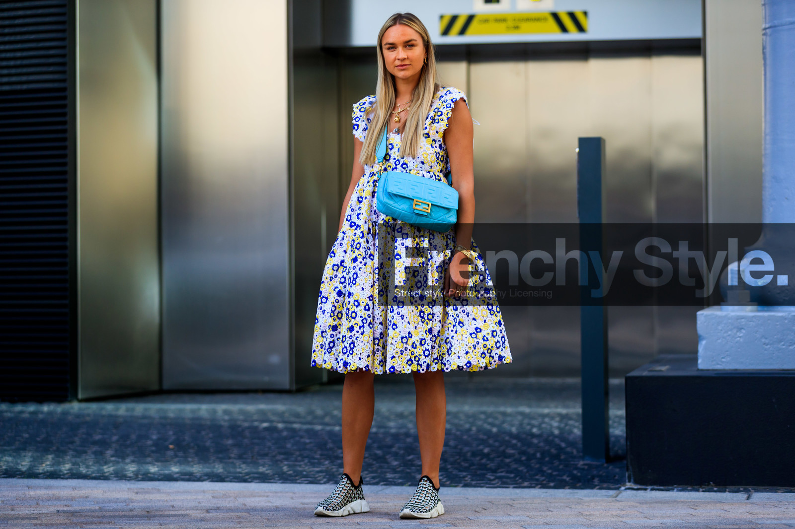 animals charms necklace, cartier watch, crossbody bag, fendi baguette bag, flower embroidered dress, golden bracelet, golden earrings, golden necklace, golden watch, light blue leather bag, monogrammed bag, multi bracelet, multi earrings, multi necklace, plaited shoes, snake earring, plaited sneakers, fashion week, frenchystyle, FW, jonathan paciullo, street style, atmosphere details, horizontal, full length