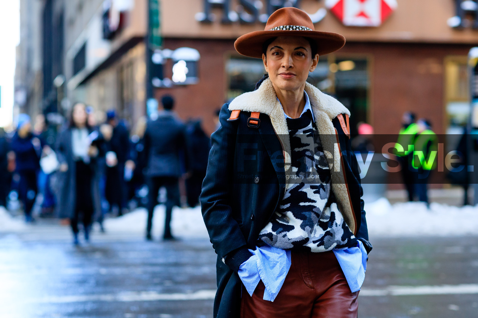atmosphere details, AUTUMN WINTER 2017-2018, AW 17-18, black coat, blue shirt, brown hat, brown pants, camo sweater, camouflage, detail, FALL WINTER 2017-2018, fashion week, frenchystyle, fur collar, FW, FW 17-18, grey sweater, horizontal, jonathan paciullo, julie ragolia, leather pants, NEW YORK, NYFW, printed sweater, street style, trousers, white fur, worth and worth