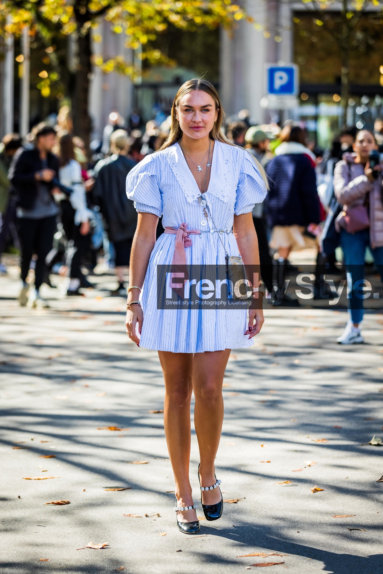 bag, balloon sleeves, black sandals, blue dress, dress, embroidery, Nina Suess, sandals, short dress, silver bag, statement shoes, strass, striped dress, stripes, fashion week, frenchystyle, FW, jonathan paciullo, street style, PFW, PARIS, SPRING SUMMER 2022, SS 22, vertical, full length