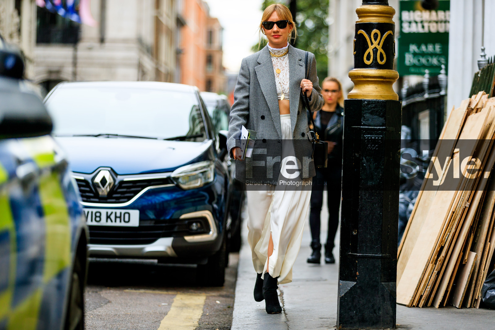 black bag, black shoes, blazer, crop top, grey jacket, high heels, houndstooth pattern, lace top, leather bag, leather shoes, lisa aiken, necklace, sunglasses, white skirt, white top, fashion week, frenchystyle, FW, jonathan paciullo, street style, LFW, LONDON, SPRING SUMMER 2019, SS 19, atmosphere details, horizontal, full length