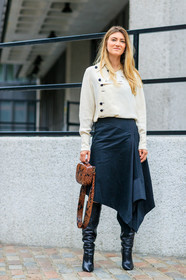 beige top, black shoes, black skirt, brown bag, fashion week, frenchystyle, full length, FW, high boots, high heels, jonathan paciullo, leather bag, leather shoes, LFW, LONDON, SPRING SUMMER 2018, SS 18, street style, vertical
