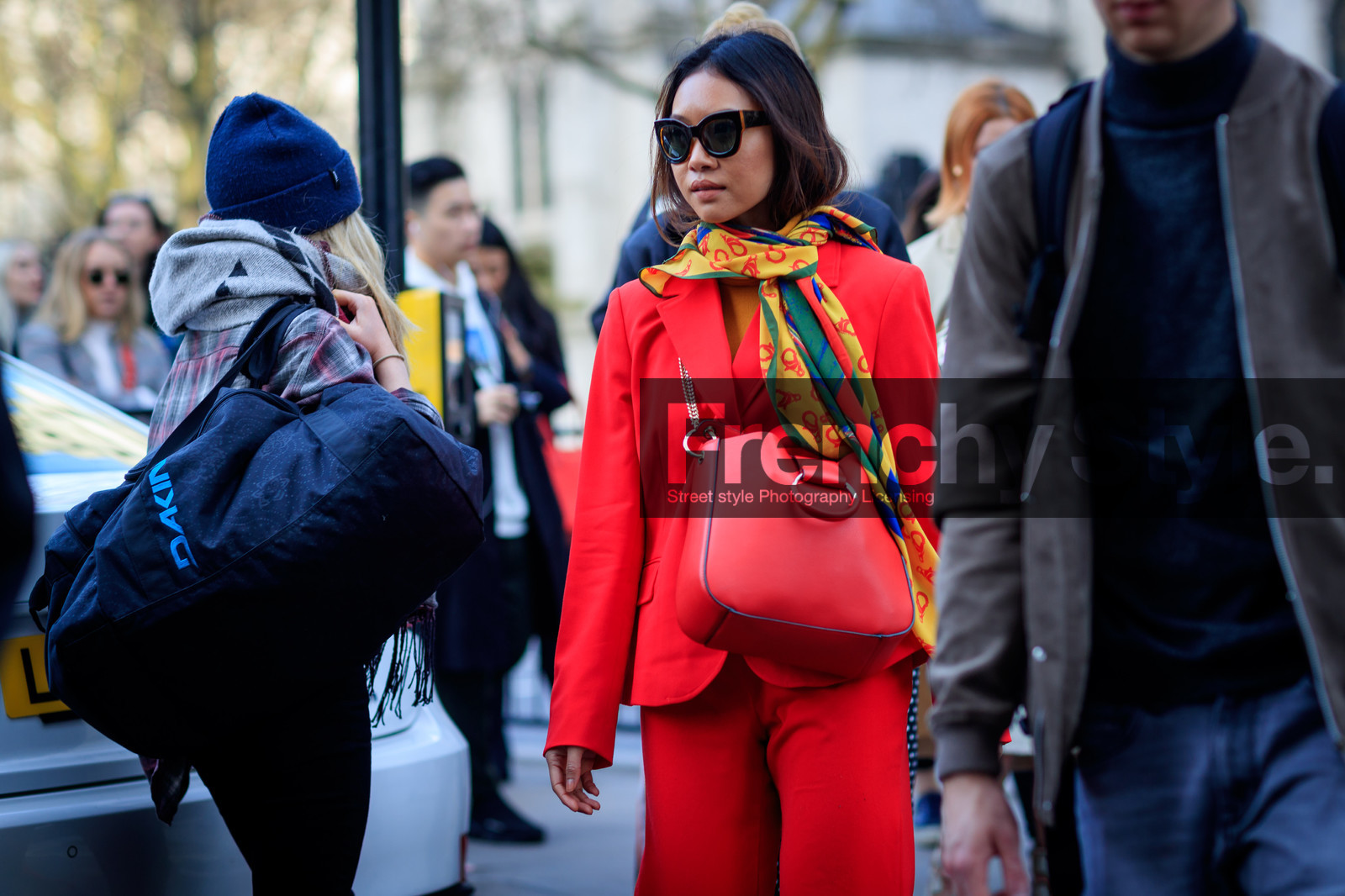 leather bag, printed scarf, red bag, red jacket, red pants, red suit, sunglasses, trousers, yellow scarf, fashion week, frenchystyle, FW, jonathan paciullo, street style, LFW, LONDON, AUTUMN WINTER 2018-2019, AW 18-19, FALL WINTER 2018-2019, FW 18-19, horizontal, atmosphere details, detail