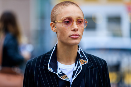 adwoa aboah, atmosphere details, AUTUMN WINTER 2017-2018, AW 17-18, black jacket, black shirt, blazer, detail, FALL WINTER 2017-2018, fashion week, frenchystyle, FW, FW 17-18, horizontal, jonathan paciullo, MFW, MILAN, model, portrait, printed shirt, street style, striped jacket, sunglasses, white t shirt