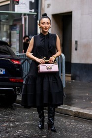 bag, black boots, black dress, boots, bun, croco boots, dress, gold hoops, hairstyle, hoops, Jessica Wang, lanvin bag, leather bag, pink bag, pleated dress, ruffles dress, fashion week, frenchystyle, FW, jonathan paciullo, street style, PFW, PARIS, SPRING SUMMER 2022, SS 22, vertical, full length