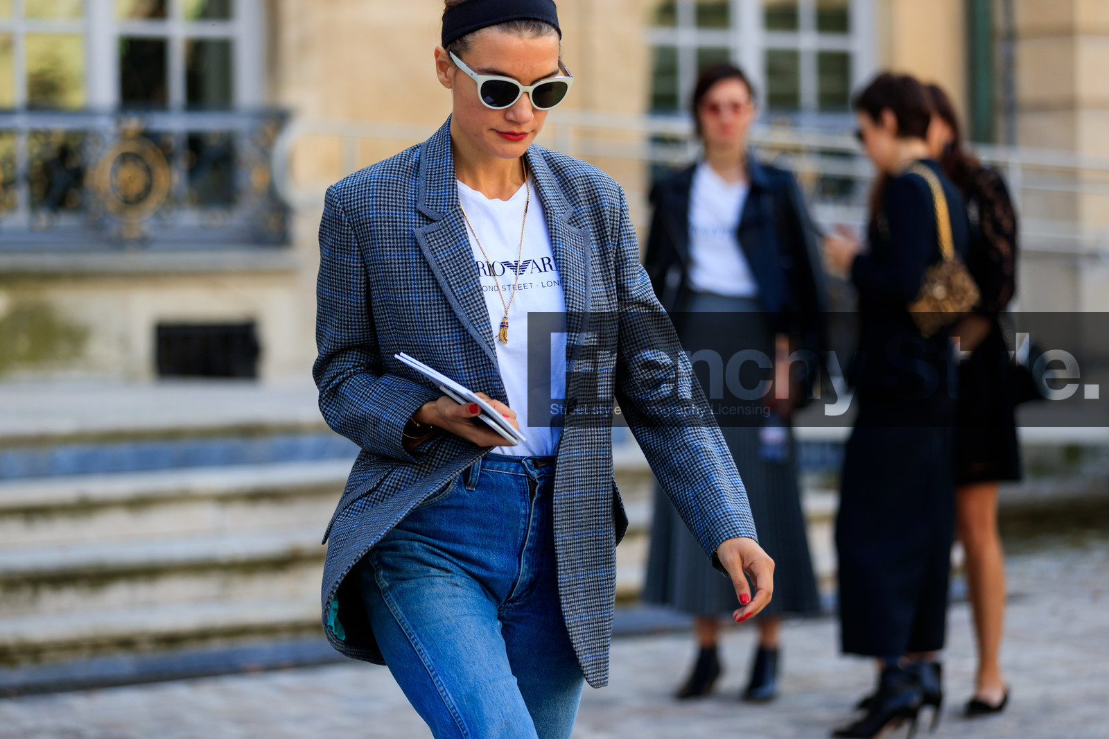 atmosphere details, blazer, blue denim, checked jacket, denim pants, detail, emporio armani, fashion week, frenchystyle, FW, graphic jacket, grey jacket, horizontal, jeans, jonathan paciullo, PARIS, PFW, plaid, printed jacket, red lips, SPRING SUMMER 2018, SS 18, street style, sunglasses, trousers, white t shirt