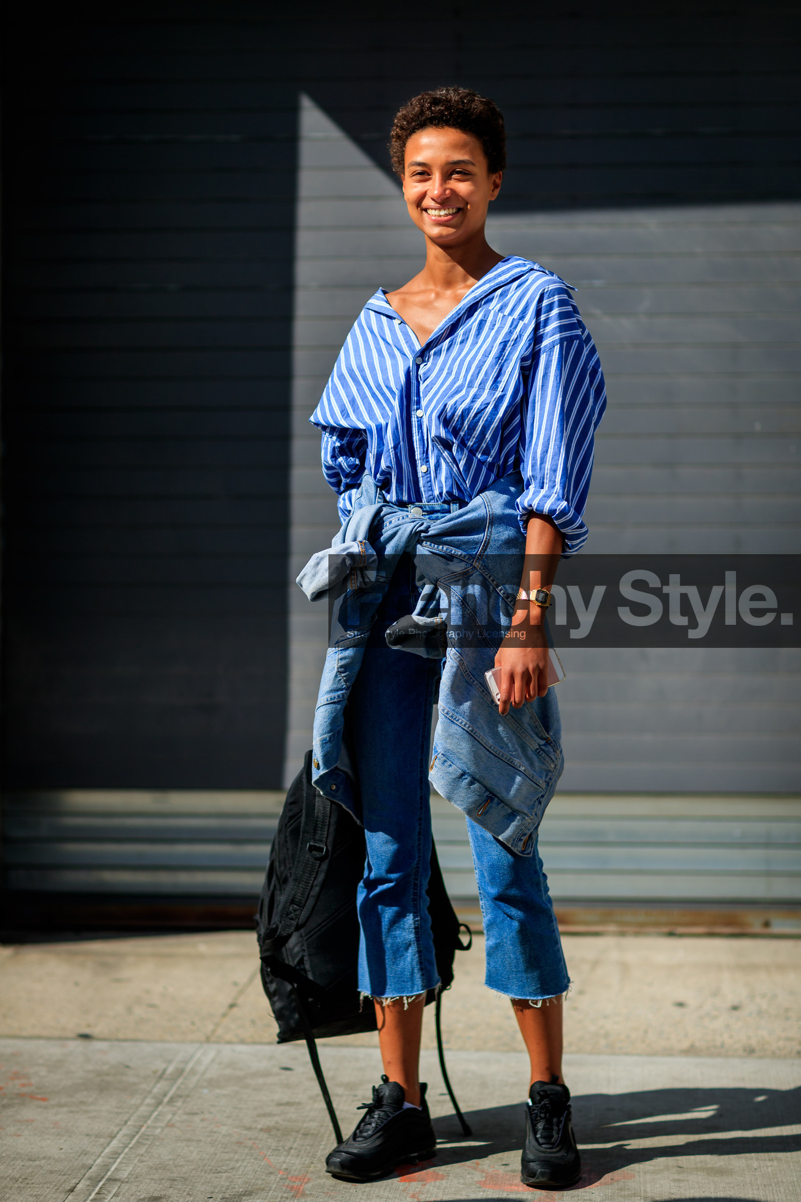 black bag, black sneakers, blue denim, blue shirt, denim jacket, denim pants, fashion week, frenchystyle, full length, FW, graphic shirt, jeans, jonathan paciullo, leather bag, model, NEW YORK, NYFW, SPRING SUMMER 2018, SS 18, street style, striped shirt, stripes, trousers, vertical