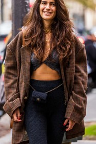 chanel belt, black bag, grey crop top, black pants, blazer, brown blazer, chanel bag, Chiara Totire, choker, crop top, flare pants, knitted pants, oversize blazer, pants, printed blazer, quilted bag, ribbed pants, tartan blazer, fashion week, frenchystyle, FW, jonathan paciullo, street style, PFW, PARIS, SPRING SUMMER 2022, SS 22, vertical, atmosphere details