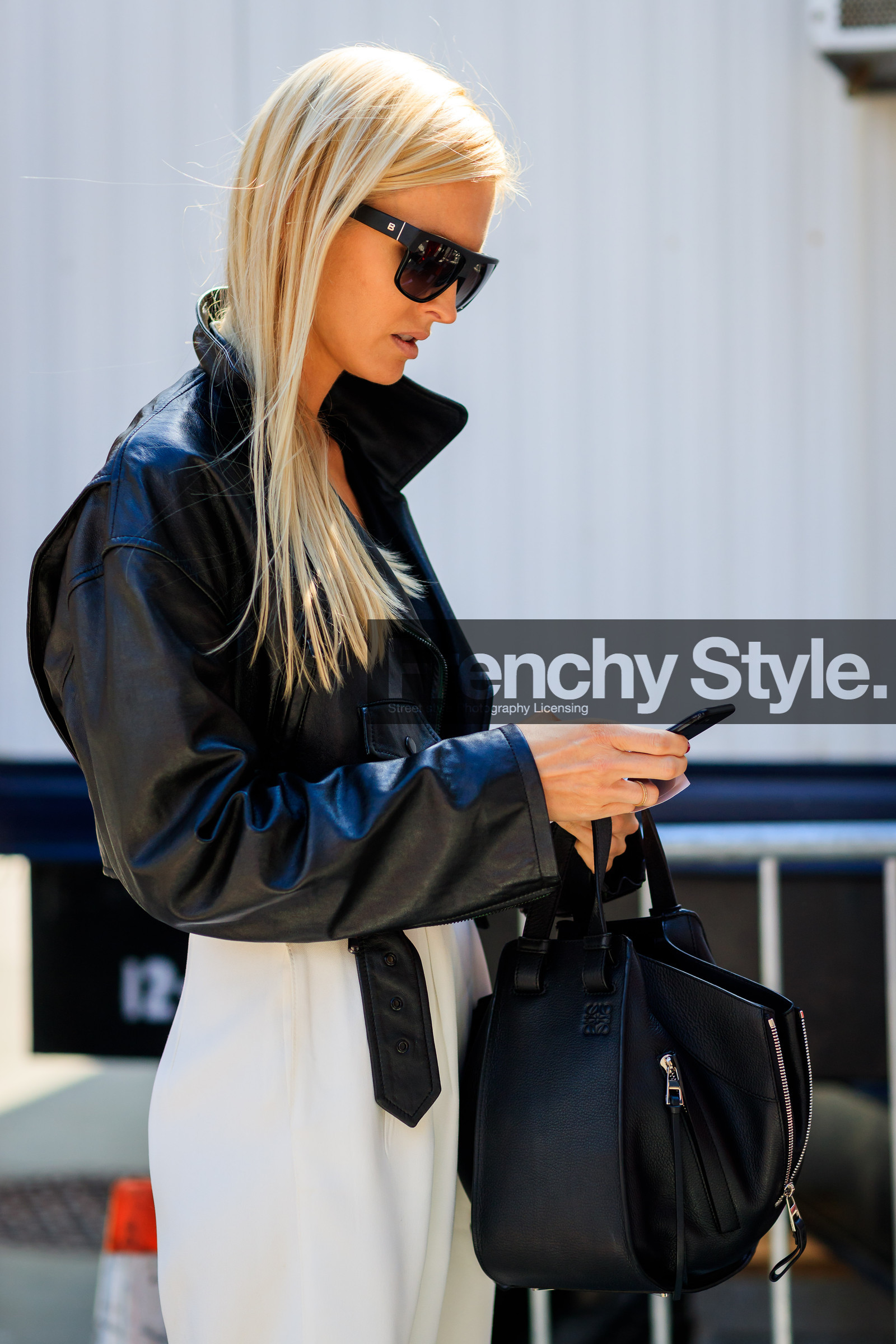 atmosphere details, black bag, black jacket, black perfecto, black sweater, detail, fashion week, frenchystyle, FW, jonathan paciullo, kate davidson hudson, leather bag, leather jacket, leather perfecto, loewe, NEW YORK, NYFW, SPRING SUMMER 2018, SS 18, street style, sunglasses, vertical, white skirt
