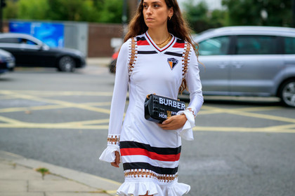 erika boldrin, big sole boots, black leather bag, black leather boots, burberry bag, chelsea boots, letter printed bag, long sleeves dress, monogrammed bag, ruffle dress, striped dress, white dress, sportswear dress, openwork dress, fashion week, frenchystyle, FW, jonathan paciullo, street style, atmosphere details, horizontal, detail