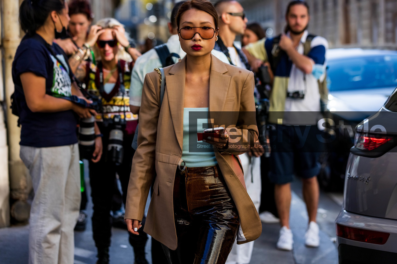 beige blazer, black pants, blazer, blue top, brown pants, earrings, leather pants, pants, pastel blue, Rosana lai, sunglasses, top, vinyl pants, street style, jonathan paciullo, FW, frenchystyle, fashion week, PFW, PARIS, SPRING SUMMER 2022, SS 22, horizontal, atmosphere details