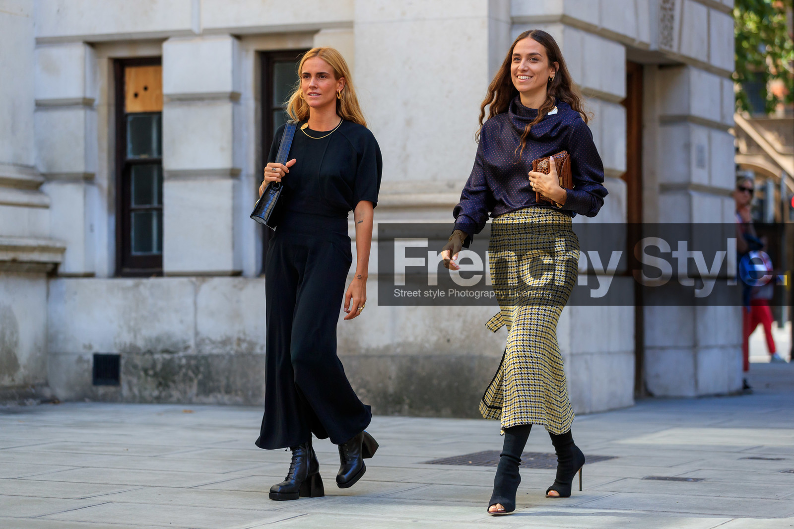 blanca miro scrimieri, erika boldrin, black dress, long dress, short sleeves dress, high boots, black leather boots, laced boots, golden necklace, golden earrings, shoulder bag, black leather bag, animal skin bag, hoop earrings, silk blouse, polka dots blouse, navy blue blouse, high collar blouse, long sleeves blouse, long skirt, checked skirt, open toe shoes, high heels shoes, high heels boots, black shoes, brown leather bag, hand bag, mini bag, yellow skirt, charms bracelet, golden bracelet, fashion week, frenchystyle, FW, jonathan paciullo, street style, atmosphere details, horizontal, full length