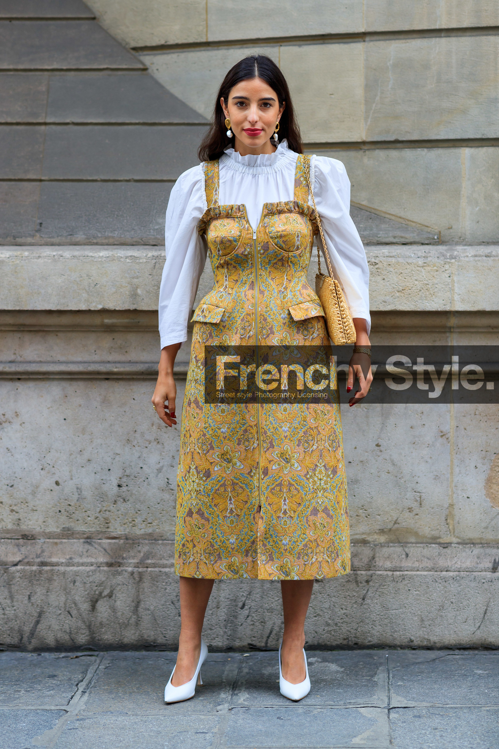 beige bag, earrings, floral, flowers, graphic dress, high heels, leather bag, leather shoes, printed dress, ruffles, white shirt, white shoes, yellow dress, PARIS, PFW, street style, jonathan paciullo, FW, frenchystyle, fashion week, AUTUMN WINTER 2019-2020, AW 19-20, FALL WINTER 2019-2020, FW 19-20, vertical, full length
